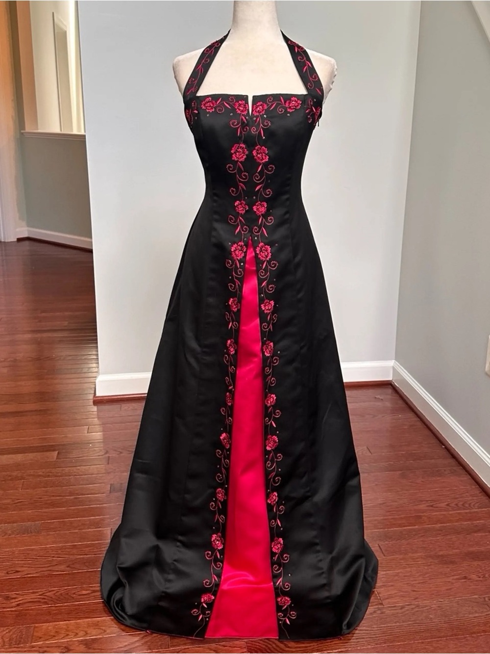 Black and Fuchsia Halter Prom Gown with Floral Embroidery